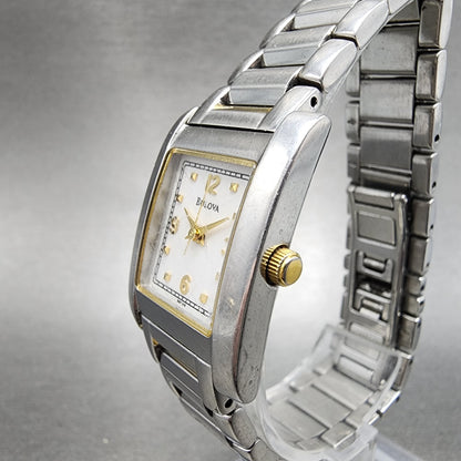 Bulova Tank Watch Women 21mm White Dial Two Tone Rectangle 98T49 New Battery2