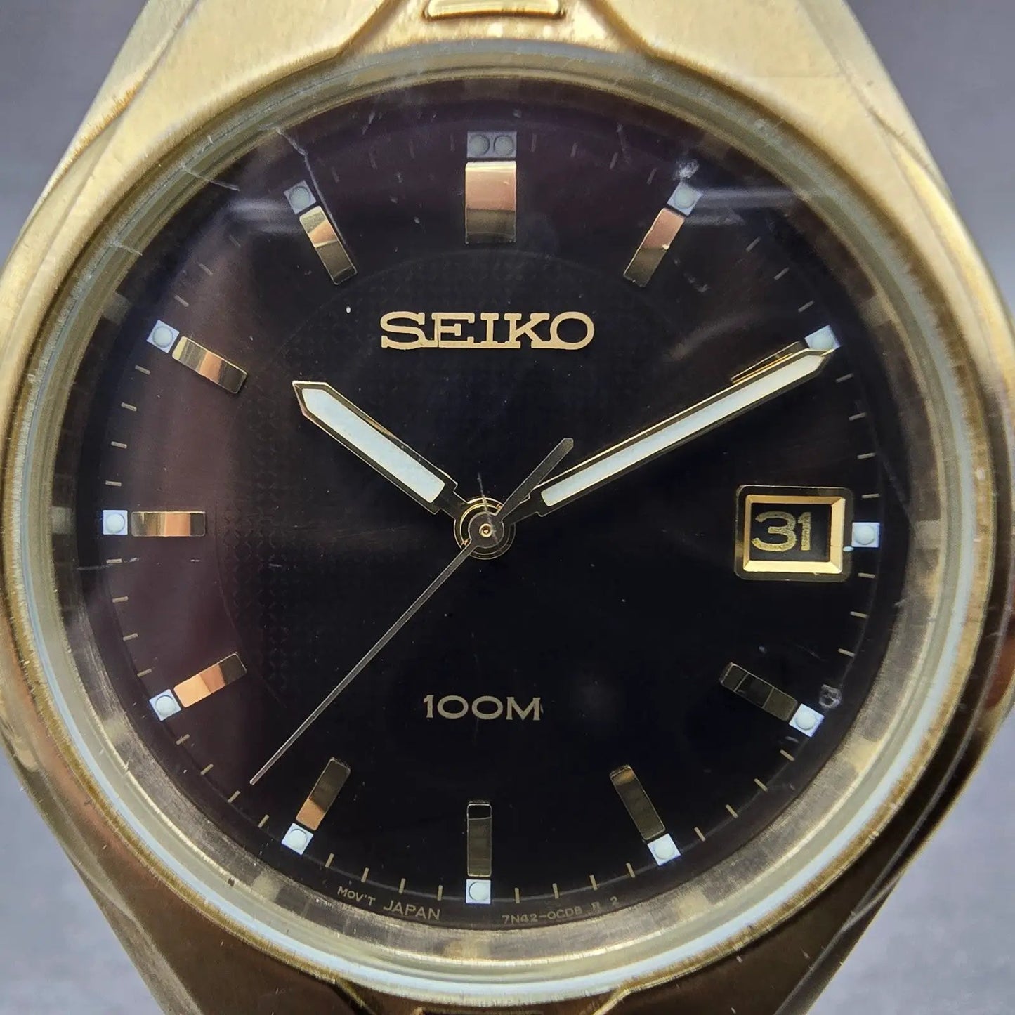 Seiko Watch Men 38mm Brown Dial Gold Tone Date Round 7N42-0BC0 PARTS Vintage2