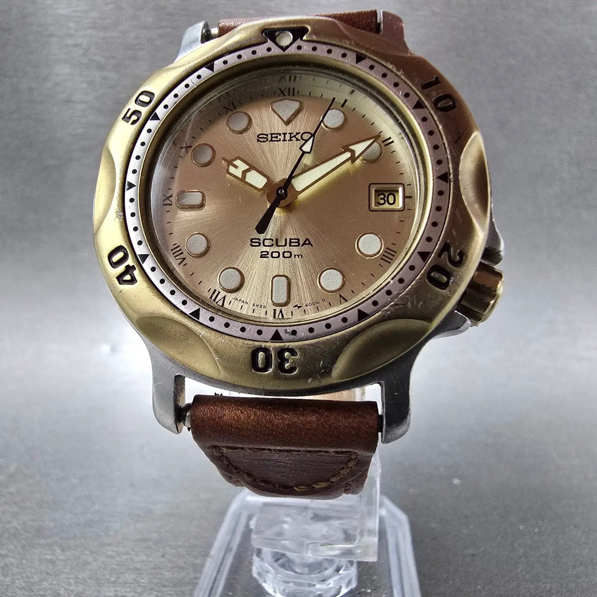 Seiko Scuba Watch Men 39mm Champagne Dial Two Tone Date 5H25-6000 Round PARTS6