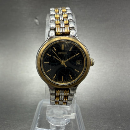 Seiko Watch Women 23mm Black Dial Two Tone Date Round 7N82-0228 New Battery 5430