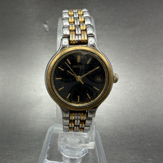 Seiko Watch Women 23mm Black Dial Two Tone Date Round 7N82-0228 New Battery 5430