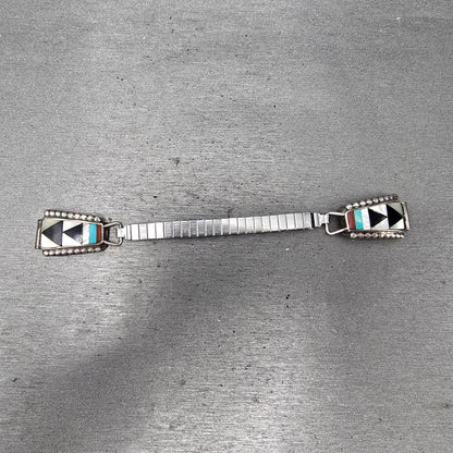 Navajo Sterling Silver Watch Band Tips 11mm Turquoise Coral Arrow Pattern Women0