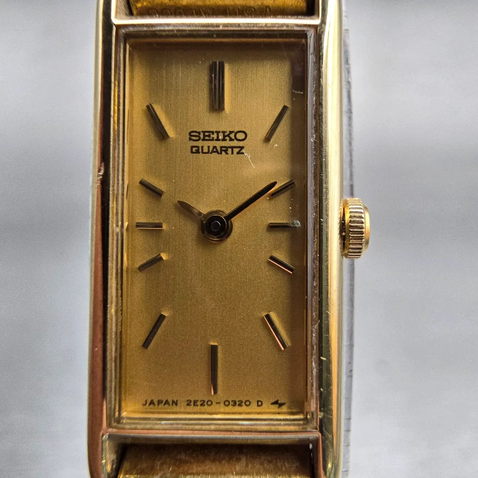 Seiko Tank Watch Women 12mm Gold Dial Gold Tone Rectangle 2E20-5239 New Battery1