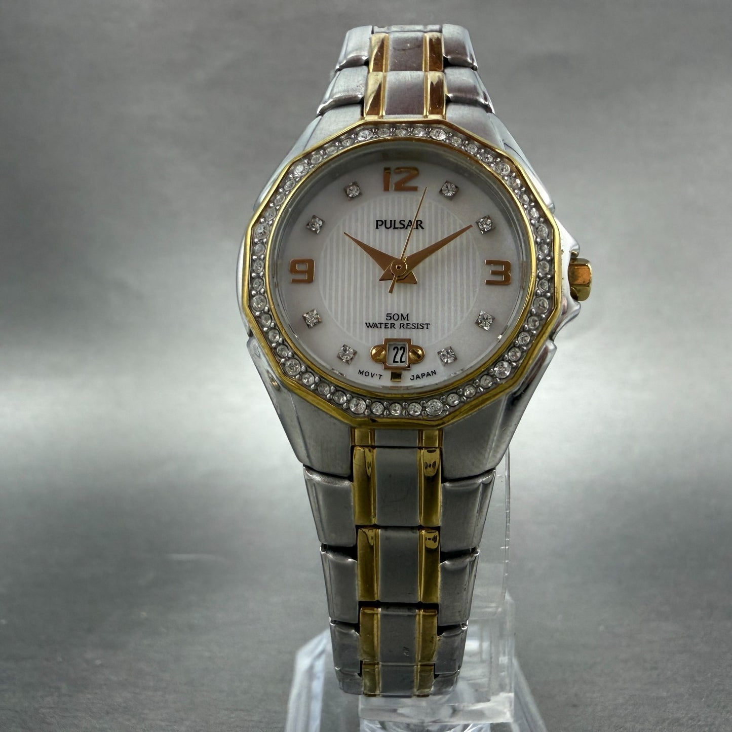 Seiko Pulsar Watch Women 27mm MOP Dial Two Tone Date VX82-X486 New Battery5
