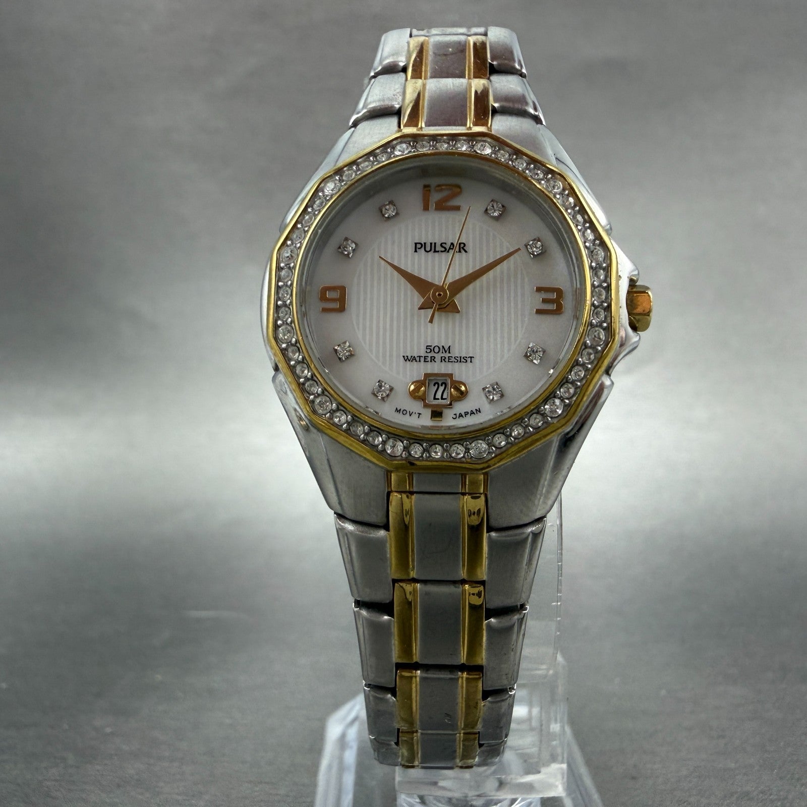 Seiko Pulsar Watch Women 27mm MOP Dial Two Tone Date VX82-X486 New Battery5