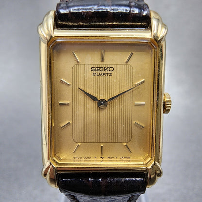 Seiko Tank Watch Women 19mm Gold Dial Gold Tone Rectangle 4N005101 New Battery1