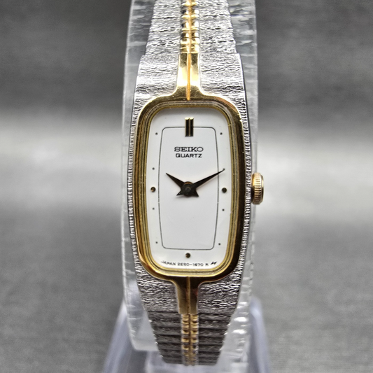 Seiko Watch Women 12mm White Dial Two Tone Rectangle 2E20-6319 New Battery Jp340