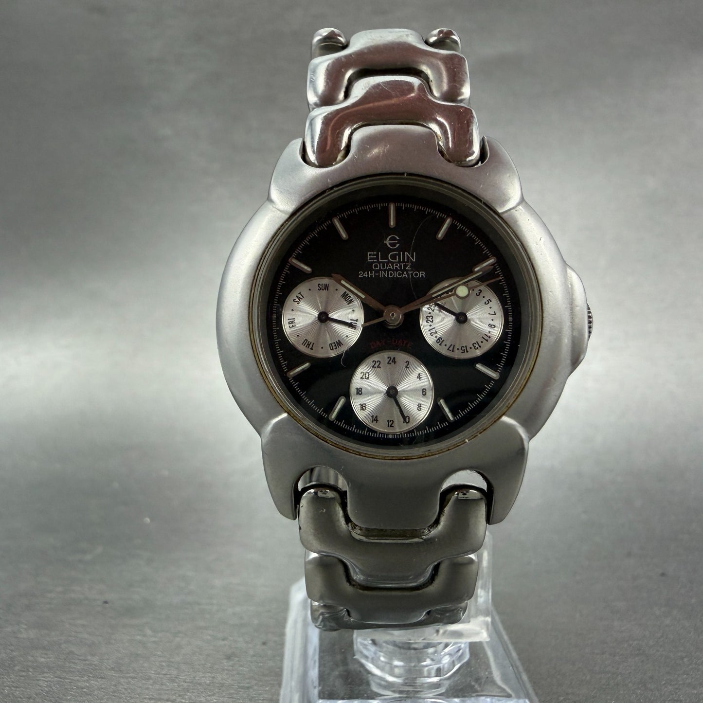 Elgin Watch Men 34mm Black Dial Silver Tone Round Daydate FK-366 New Battery5