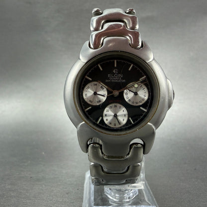 Elgin Watch Men 34mm Black Dial Silver Tone Round Daydate FK-366 New Battery5