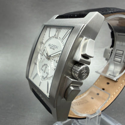 Madison New York Chronograph Tank Watch Men 34mm White Dial Steel Date New Batt3