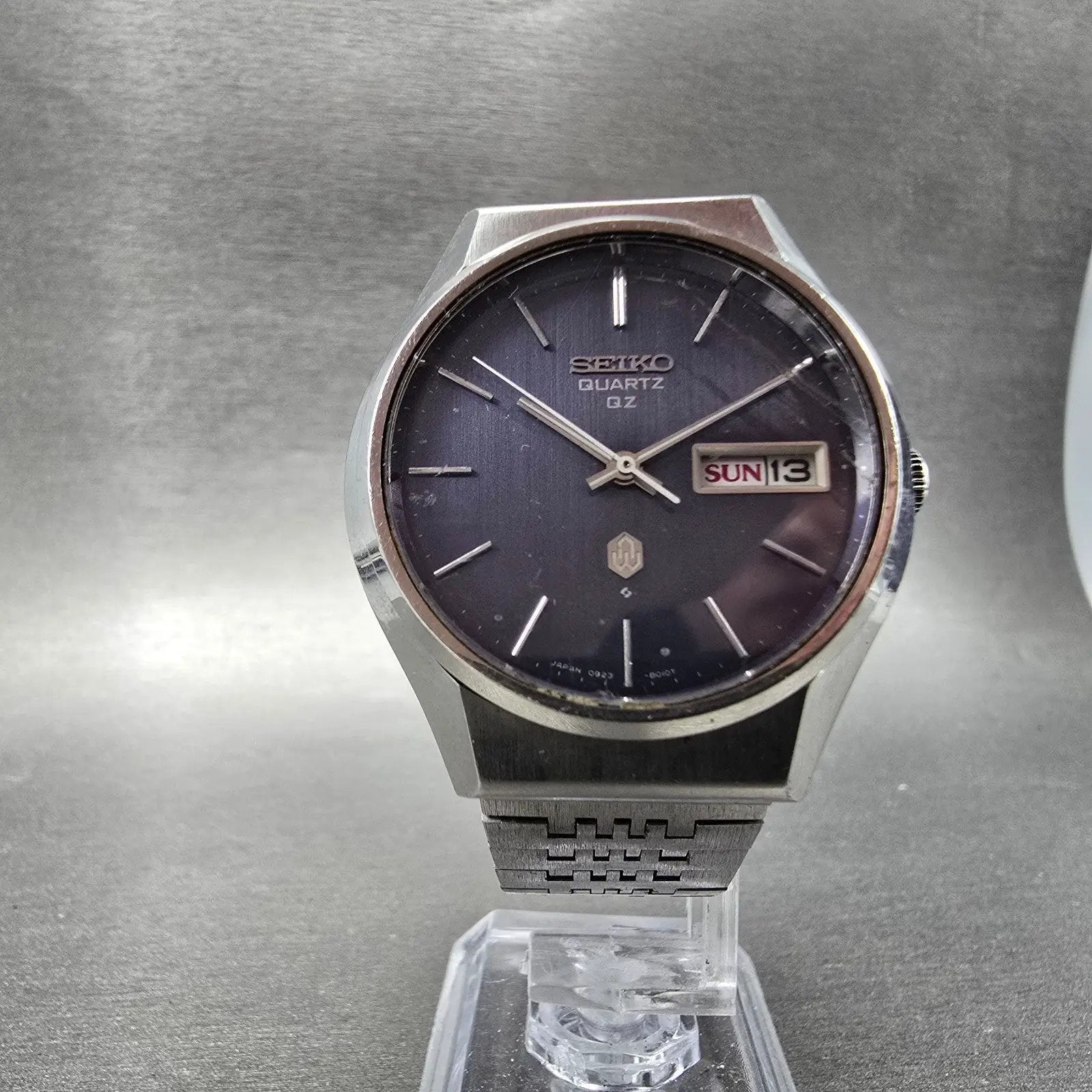 Seiko QZ Watch Men 36mm Blue Dial Silver Tone Daydate READ!!! 0923-8010 New Batt6