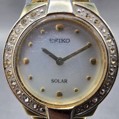 Seiko Solar Watch Women 22mm MOP Dial Gold Tone Round V115-0AW0 Runs Crystals NK1