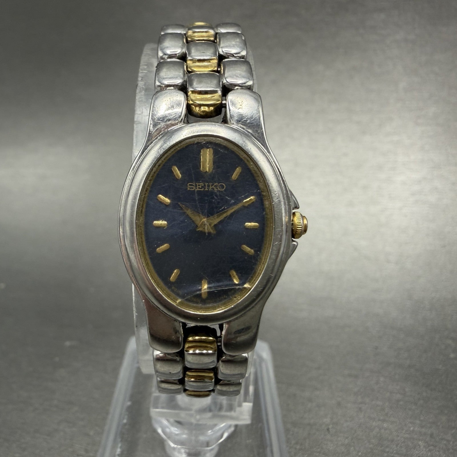 Seiko Watch Women 20mm Blue Dial Two Tone Oval 1N00-6T20 New Battery Vintage0