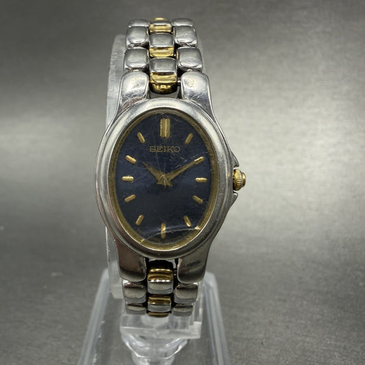 Seiko Watch Women 20mm Blue Dial Two Tone Oval 1N00-6T20 New Battery Vintage0