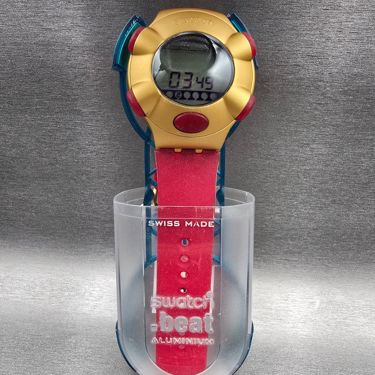 Swatch Beat Golden Virtual Wave Watch Men 47mm Gold Red YQG1000 New Battery NOS0