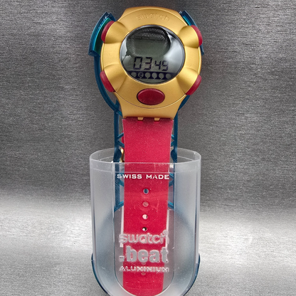 Swatch Beat Golden Virtual Wave Watch Men 47mm Gold Red YQG1000 New Battery NOS0