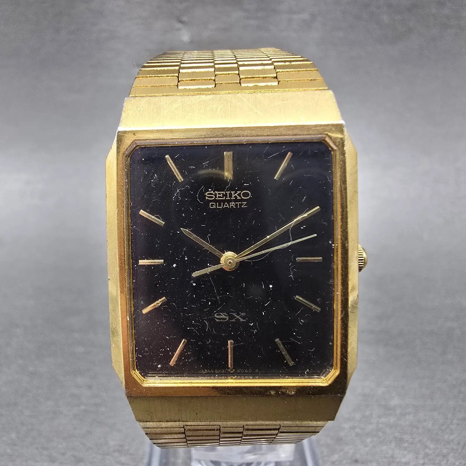 Seiko SX Tank Watch Men 26mm Black Dial Gold Tone Rectangle 5Y31A PARTS NO BACK0