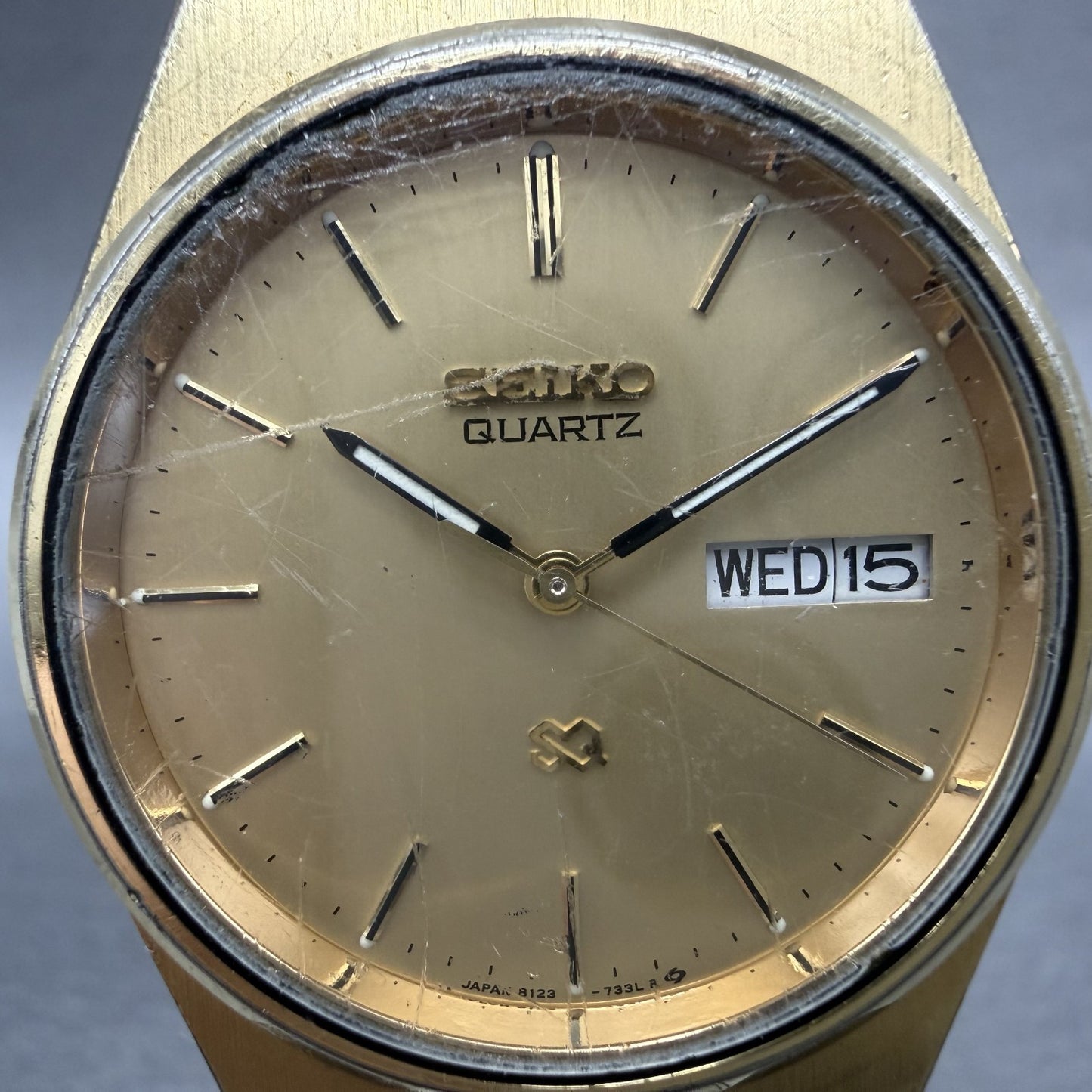 Seiko SQ Watch Men 34mm Champagne Dial Gold Tone Daydate 8123-7240 New Battery1