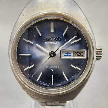Seiko Automatic Watch Women 24mm Blue Dial Silver Tone Daydate 2706-0200 Runs