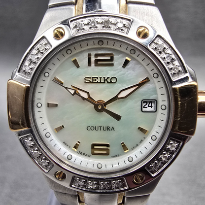 Seiko Coutura Watch Women 26mm MOP Dial Two Tone Date Gemmed 7N82-0CG0 New Batt1
