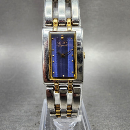 Citizen Elegance Tank Watch Women 15mm Blue Dial Two Tone Rectangle New Battery0