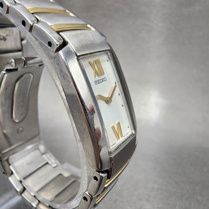 Seiko Tank Watch Women 18mm White Dial Toe Tone Rectangle 1n00-0ez0 New Battery