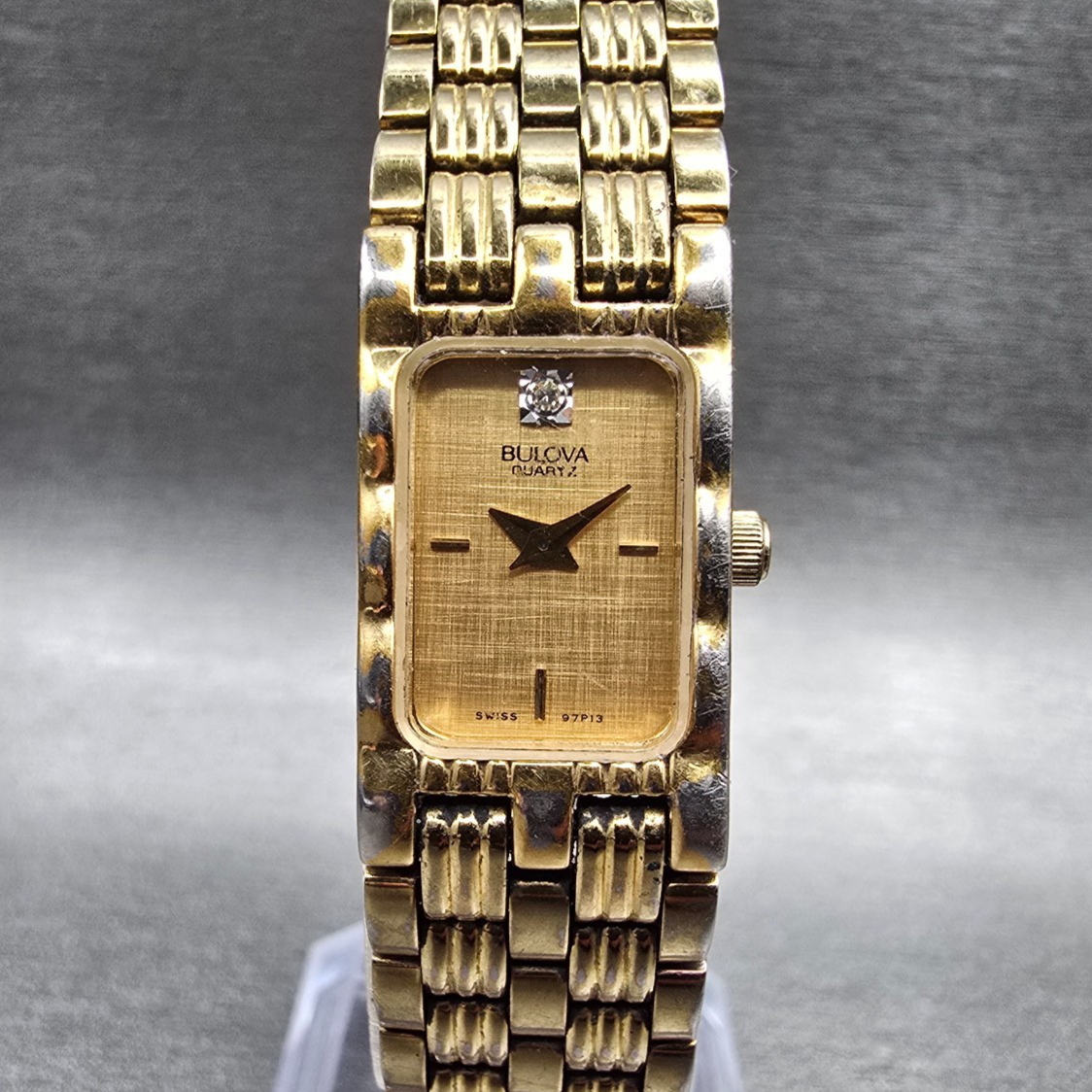 Bulova Watch Women 14mm Gold Dial Gold Tone Rectangle 97P13 New Battery JP230
