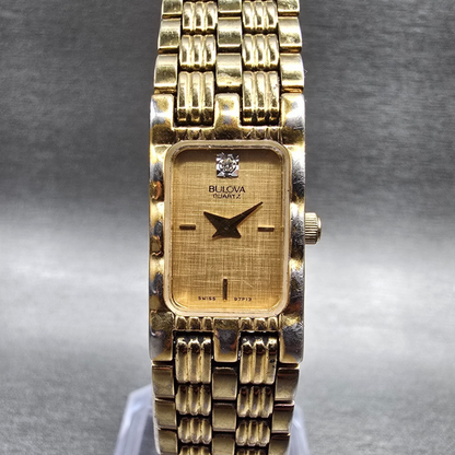 Bulova Watch Women 14mm Gold Dial Gold Tone Rectangle 97P13 New Battery JP230