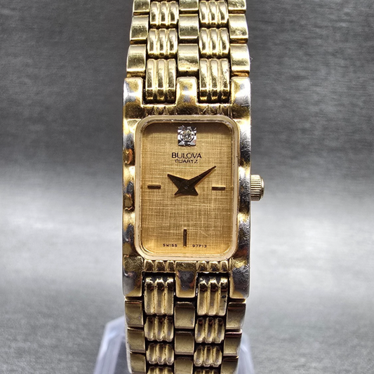 Bulova Watch Women 14mm Gold Dial Gold Tone Rectangle 97P13 New Battery JP230