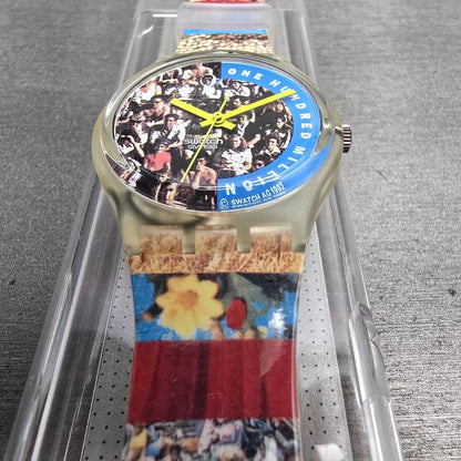 Swatch The People Watch Men 34mm Blue Dial Clear Case GZ126 New Battery NOS6