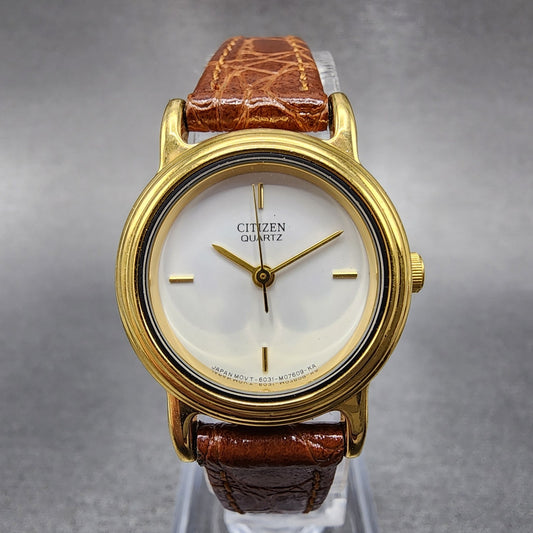 Citizen Watch Women 24mm White Dial Gold Tone Round 6031-077211 New Battery