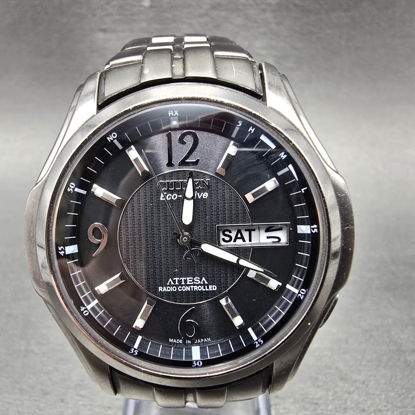 Citizen Eco-Drive Attesa Watch Men 41mm Black Dial Titanium Atomic Daydate PARTS0