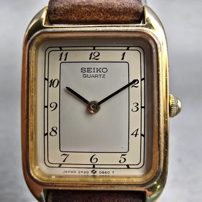 Seiko Tank Watch Women 19mm Gray Dial Gold Tone Rectangle 2P20-5E09 New Battery1