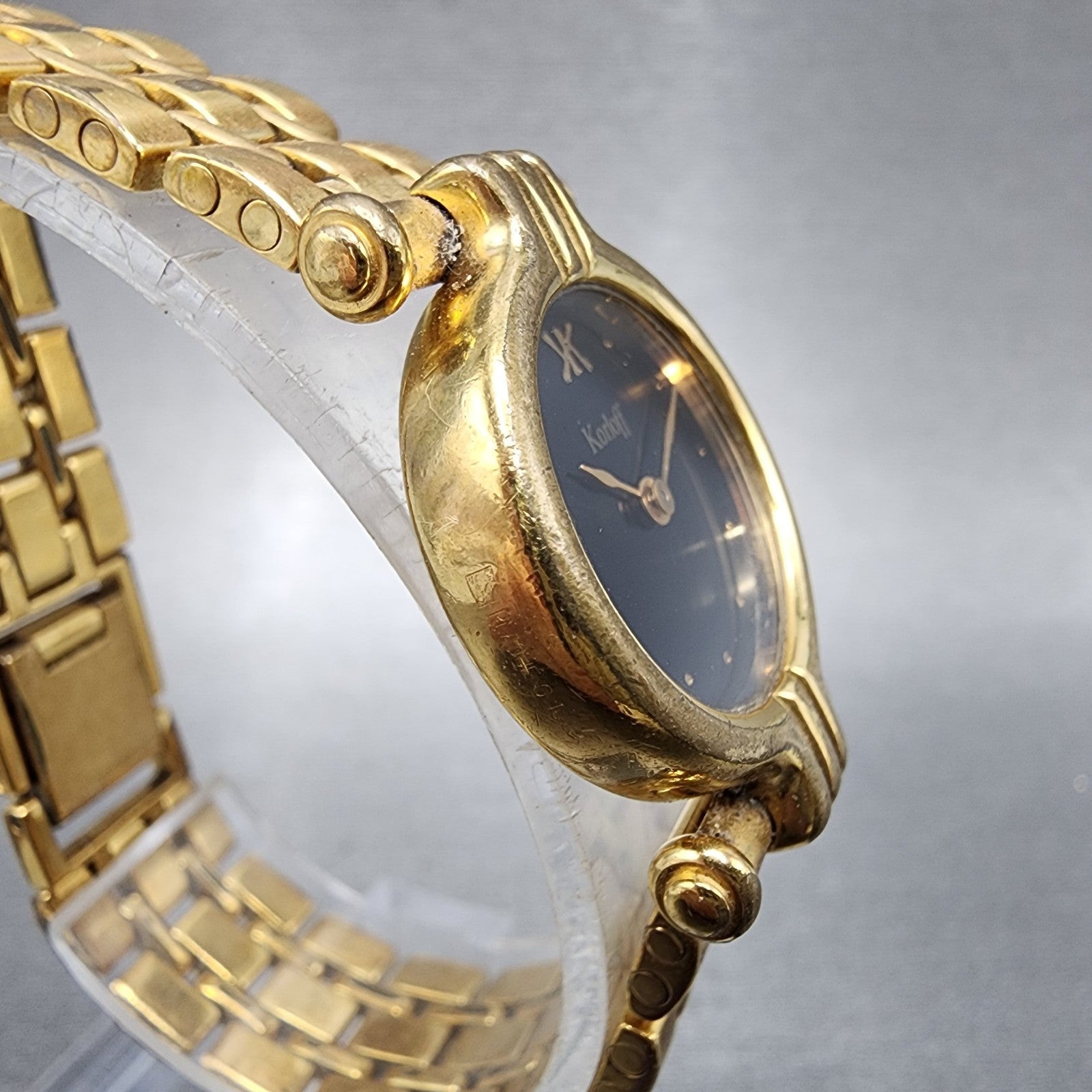 Korloff Watch Women 23mm Black Dial Gold Tone Round New Battery Vintage3
