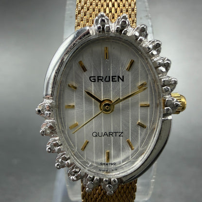 Gruen Watch Women 16mm White Dial Gold Tone Oval Diamond Bezel New Battery ABC1