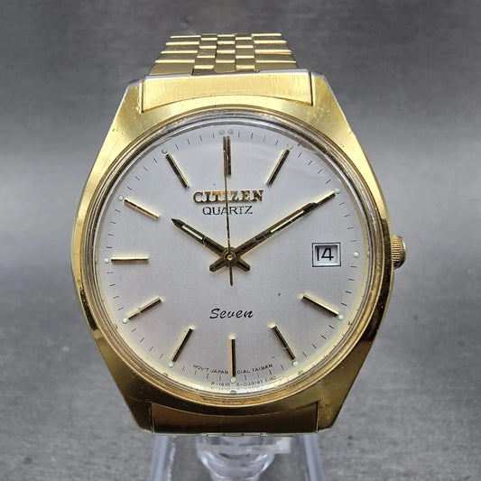 Citizen Seven Watch Men 35mm Silver Dial Gold Tone Date Round 4-068815 PARTS0