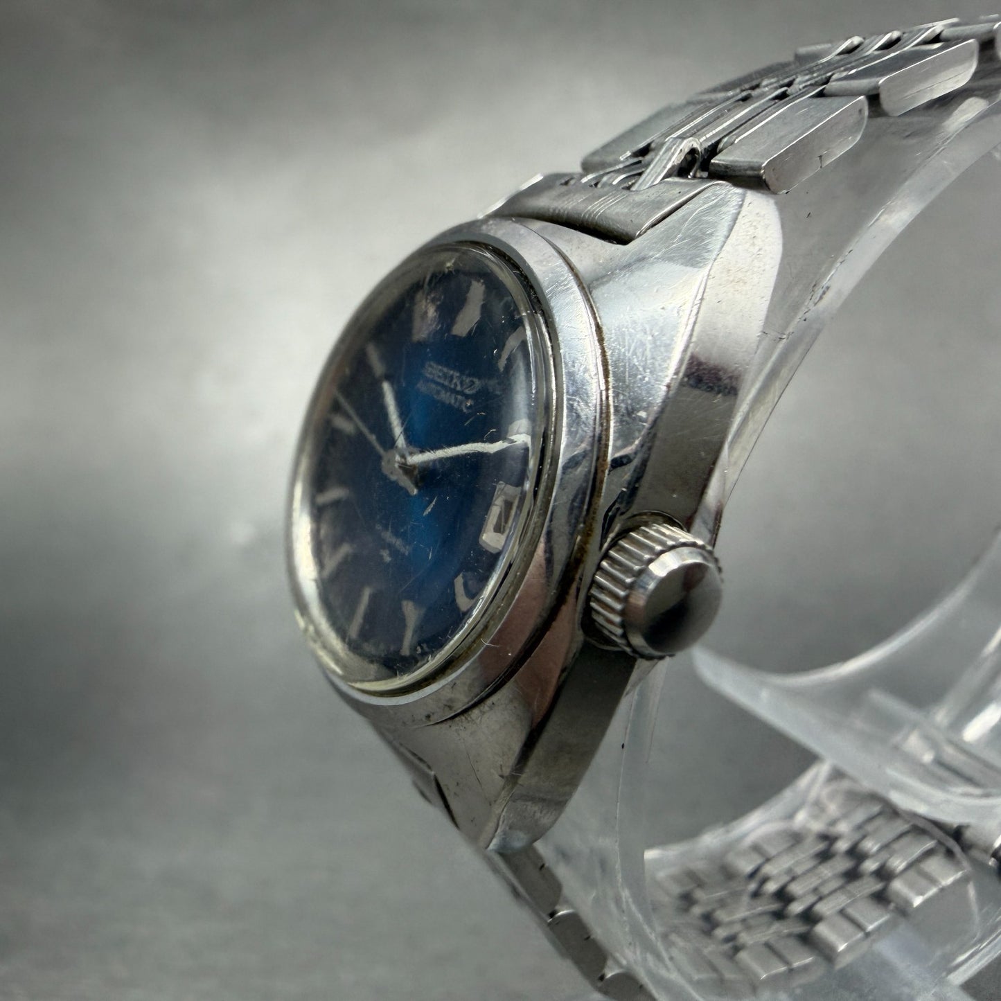 Seiko Automatic Watch Women 24mm Blue Dial Silver Tone Date 2205-0050 Runs VTG2