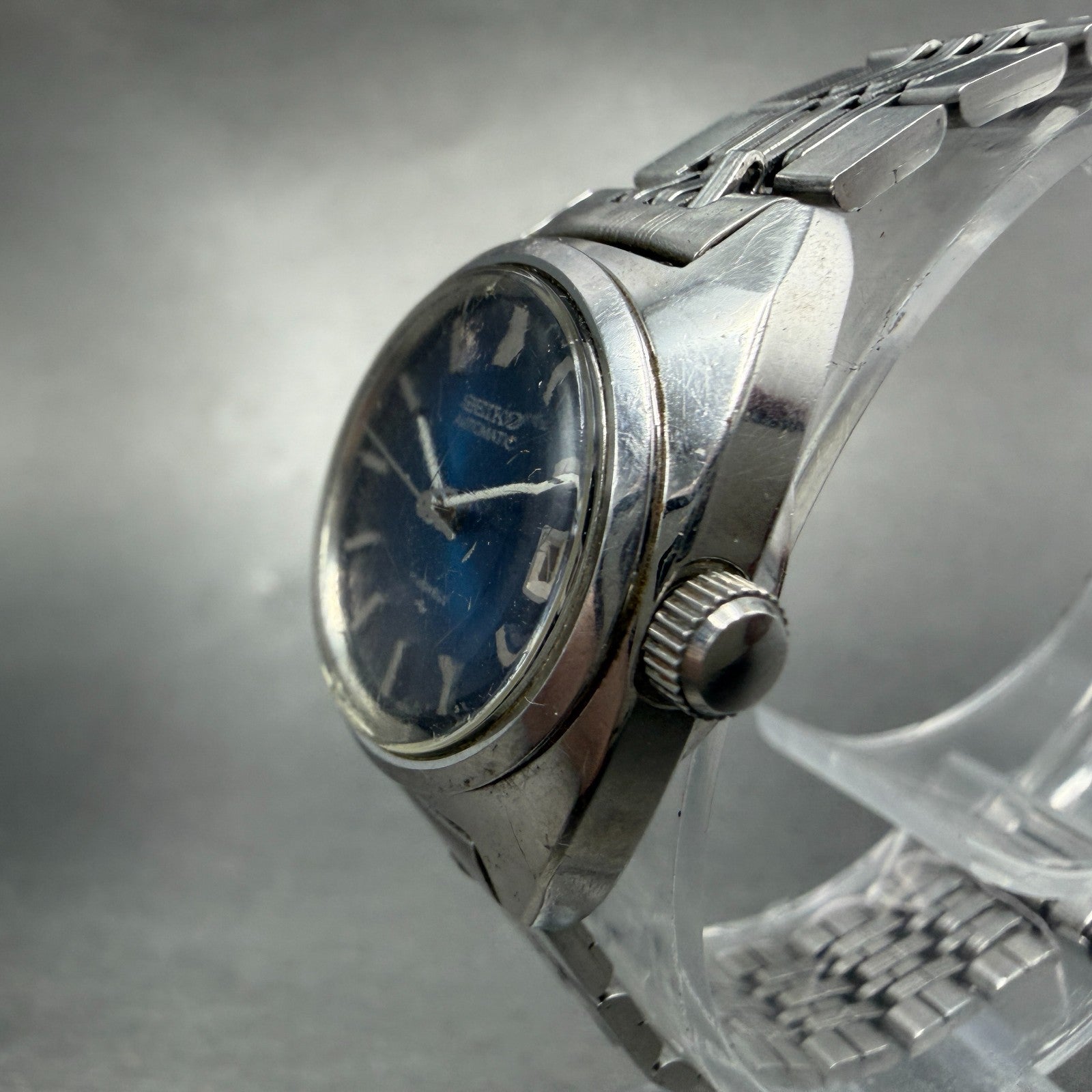 Seiko Automatic Watch Women 24mm Blue Dial Silver Tone Date 2205-0050 Runs VTG2