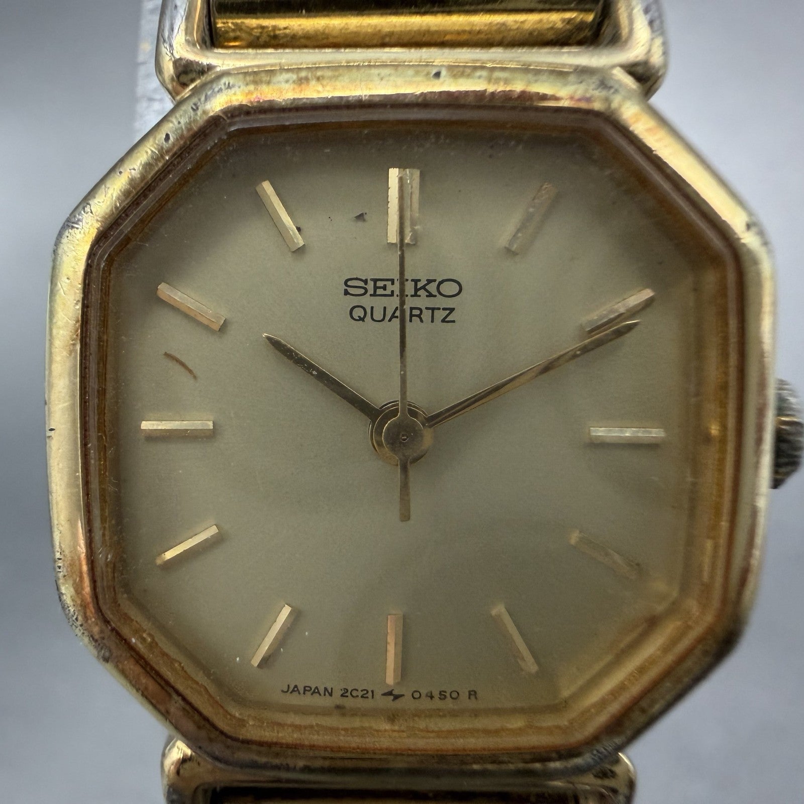 Seiko Watch Women 20mm Champagne Dial Gold Tone Octagon 2C21-5170 New Battery1