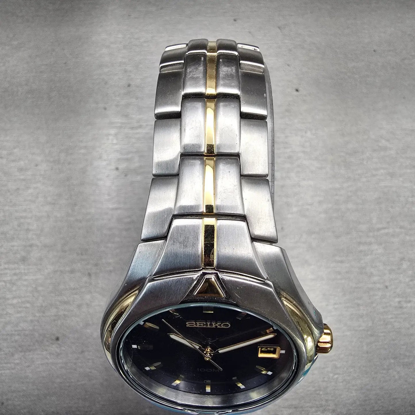 Seiko Watch Men 37mm Blue Dial Two Tone Date Round 7N42-0BC0 New Battery Vintage4