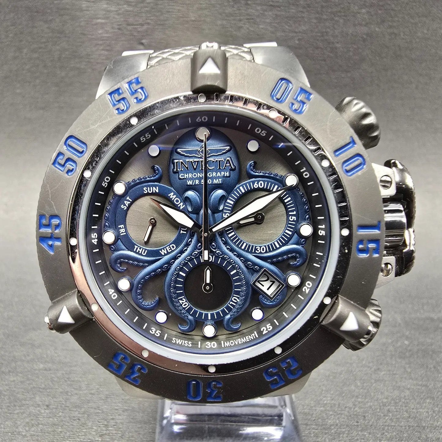 Invicta Sub Aqua Chronograph Watch Men 50mm Black Dial Silver Tone Blue New Batt0