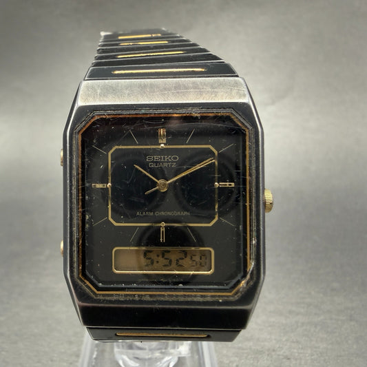 Seiko Analog Digital Watch Men 28mm Black Gold Alarm Chrono H601-5179 PARTS0