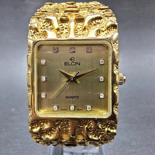 Elgin Gold Nugget Tank Watch Men 27mm Champagne Dial Gold Tone Rectangle NewBat0
