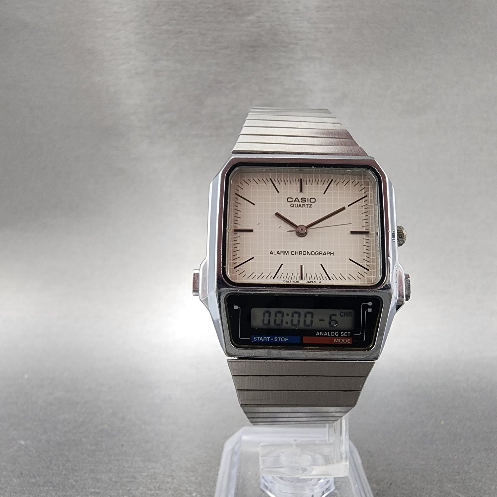 Casio AQ450 Watch Men 30mm White Dial Silver Tone Analog Digital New Battery5