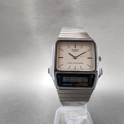 Casio AQ450 Watch Men 30mm White Dial Silver Tone Analog Digital New Battery5