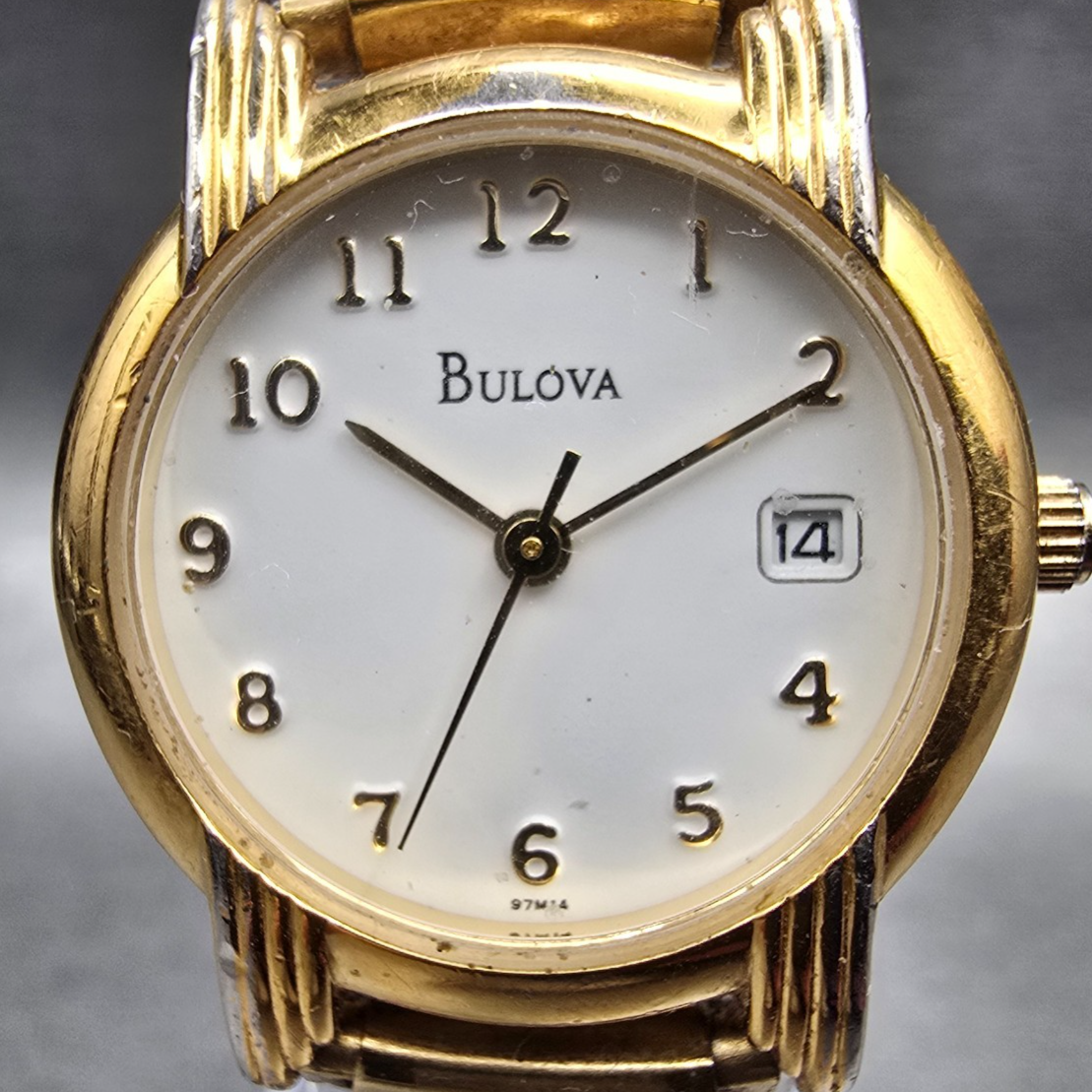 Bulova Watch Women 24mm White Dial Gold Tone Date Round 97M14 New Battery JP231