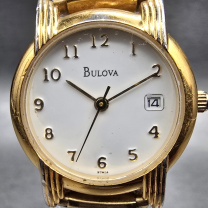 Bulova Watch Women 24mm White Dial Gold Tone Date Round 97M14 New Battery JP231