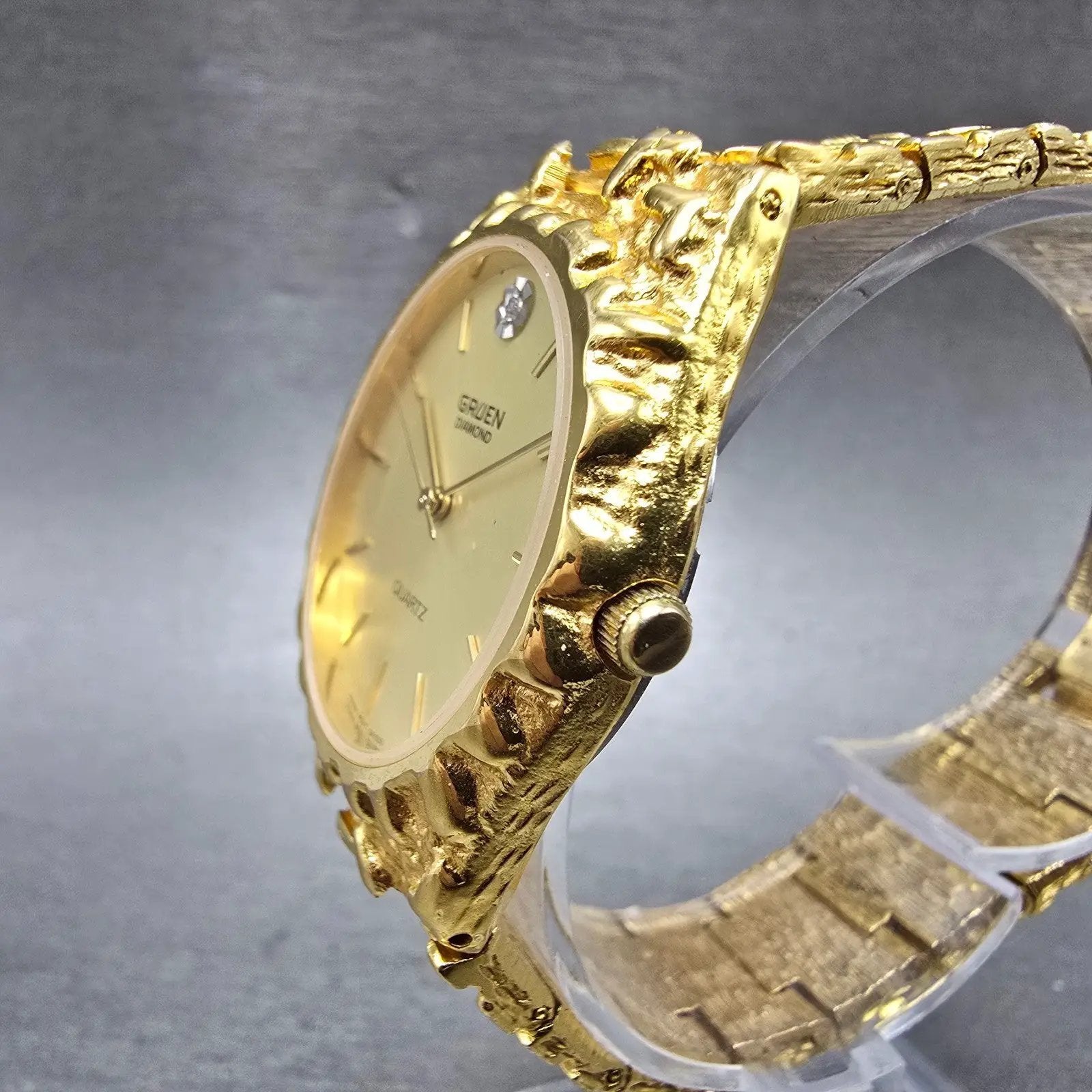Gruen Watch Men 33mm Gold Dial Gold Nugget Case Tone New Battery Vintage2