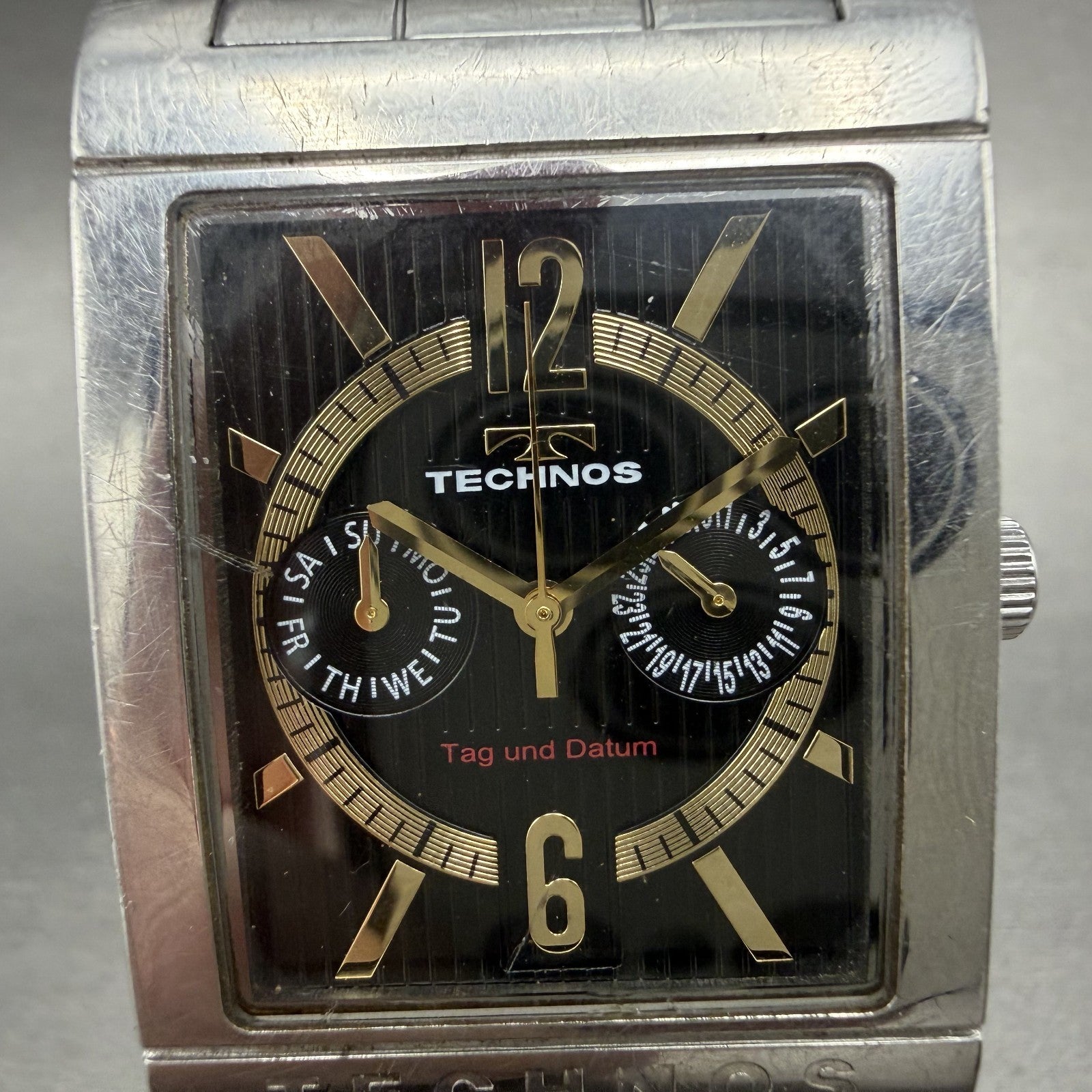 Technos Watch Men 32mm Black Dial Two Tone Daydate Rectangle T2046 New Battery1
