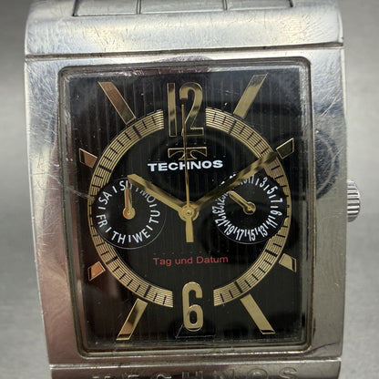 Technos Watch Men 32mm Black Dial Two Tone Daydate Rectangle T2046 New Battery1